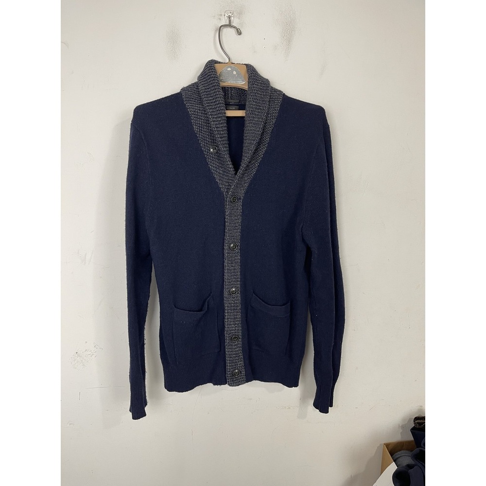 J Crew Mens Cardigan Medium Merino Wool Blend Shawl Collar‎ Slim Navy Dad Preppy